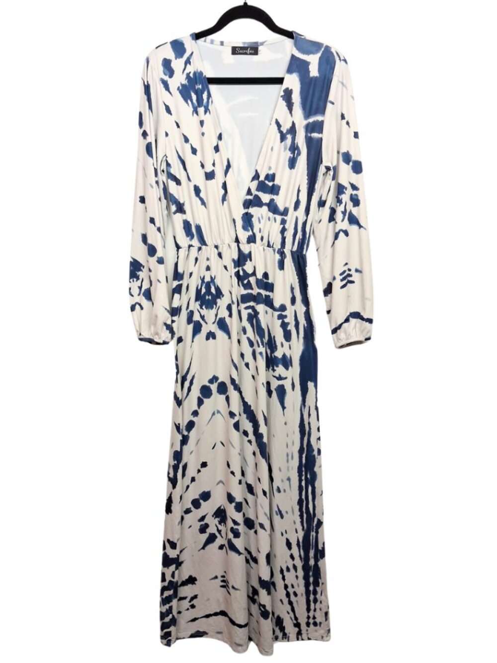 SUCREFAS Maxi Dress Blue White Print Long Sleeve V Neck Stretchy Boho Medium